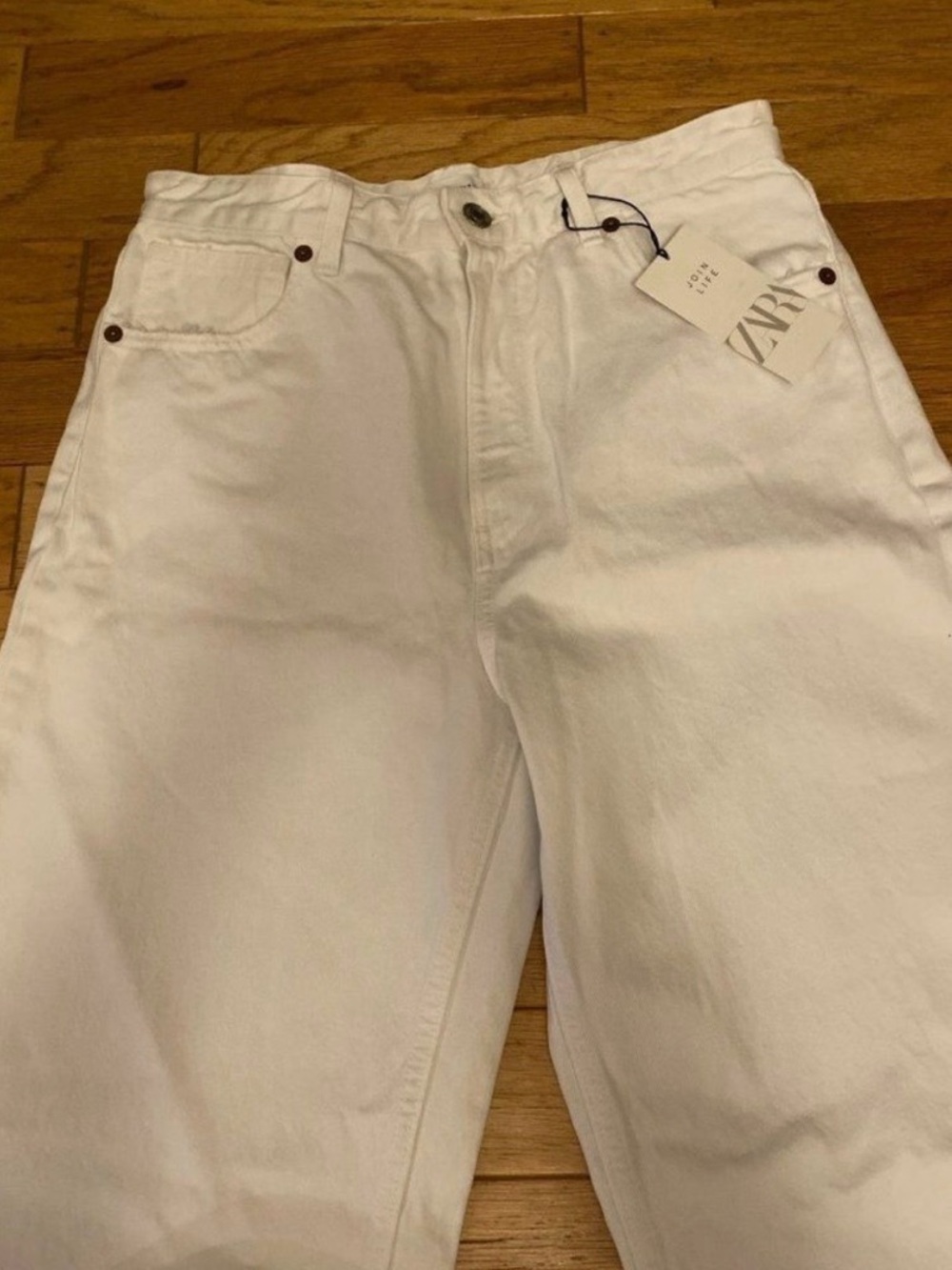 Zara, women’s white cotton high rise straight let frayed hem jeans size 10 - Picture 3 of 9
